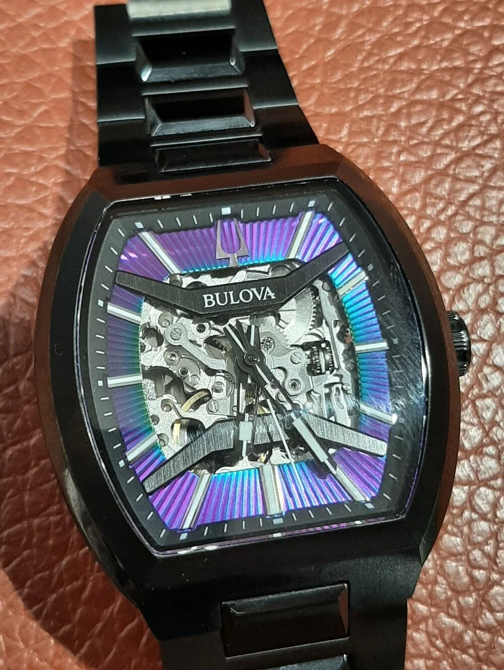 Bulova Maquina 98A320 Automatic Watch Men Black Stainless Steel Skeleton Rainbow